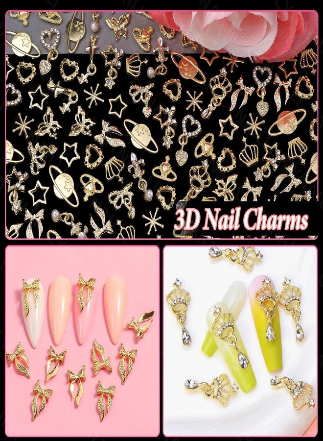 Cynailli 110 Pcs Dangle Star Gold Nail Charms and Gems, 3D Star Heart Bows Dangle Nail Rhinestones Charms, Butterfly Crown Planet Charms for Alloy Nails Art Jewels DIY Design Accessories - Image 5